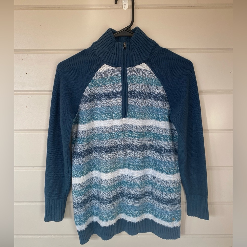 Eddie Bauer Women’s Knit Sweater Quarter Zip Size XS Blue/teal/white Cotton
